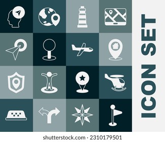 Establecer marcador de ubicación, helicóptero, con casa, faro, pasador de inserción, infografía de la navegación del mapa de la ciudad, persona e icono del avión. Vector