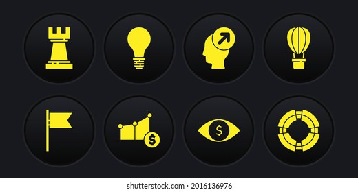 Marcador de posición, globo de aire caliente, gráfico de tubería y dólar, Ojo con, concepto de caza de cabeza, Bombilla de idea, salvavidas de negocio e icono de ajedrez. Vector