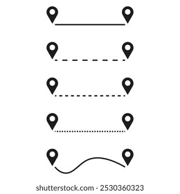 Conjunto de iconos de marcador de ubicación con líneas de puntos. Perfecto para diseños de navegación y viajes. Ideal para interfaces de mapas e interfaces de usuario.