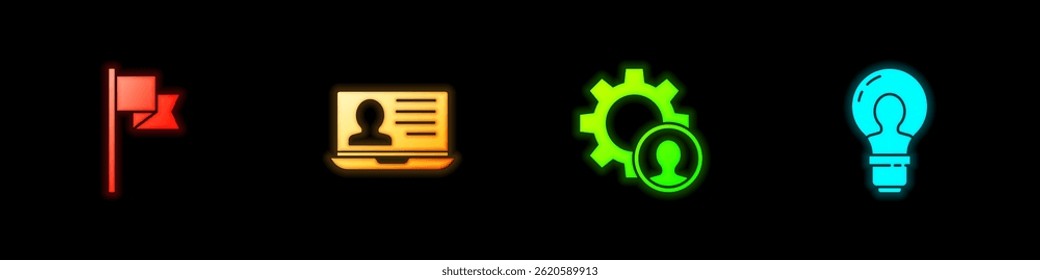 Set Location marker, Laptop with resume, Head hunting and lamp bulb icon. Vector