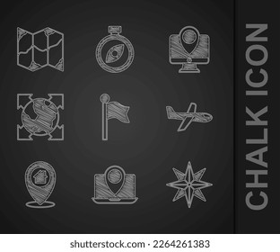 Set Location marker, Laptop with location, Wind rose, Plane, house, World globe compass, Monitor and Folded map icon. Vector