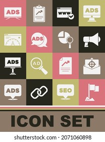 Set Location marker, Mail and e-mail, Megaphone, Website template, Advertising, statistic,  and Magnifying glass analysis icon. Vector