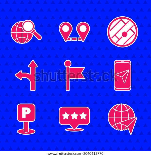 Set Location marker,\
Map pointer with star, Globe flying plane, City map navigation,\
Parking, Road traffic sign, Folded location and Magnifying glass\
globe icon. Vector