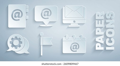 Set Location marker, Monitor and envelope, Speech bubble chat, Calendar with email, Mail e-mail and Address book icon. Vector