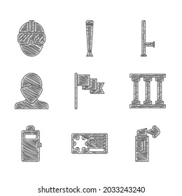 Set Location marker, Police badge, Pepper spray, Prison window, assault shield, Vandal, rubber baton and Special forces soldier icon. Vector