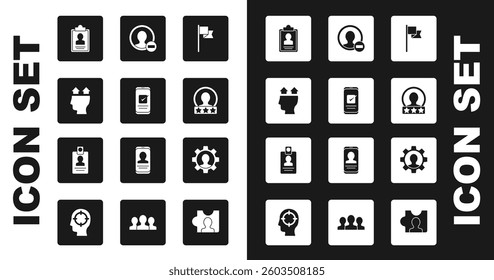 Set Location marker, Smartphone, User of man, Clipboard with resume, Create account screen, Human gear and Identification badge icon. Vector