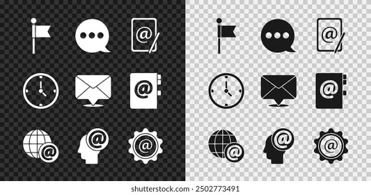 Set Location marker, Speech bubble chat, Mail and e-mail, Earth globe with, Clock and Envelope icon. Vector