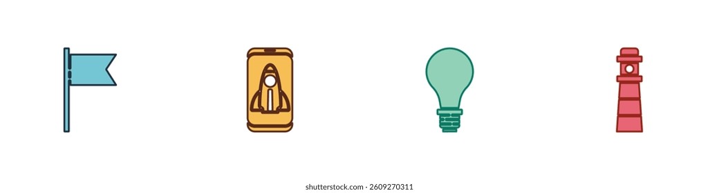 Set Location marker, Startup project concept, Light bulb with of idea and Lighthouse icon. Vector