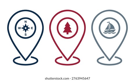 Set of location markers featuring compass, evergreen tree, and sailboat icons. Icons represent travel destinations, nature, and nautical adventures.