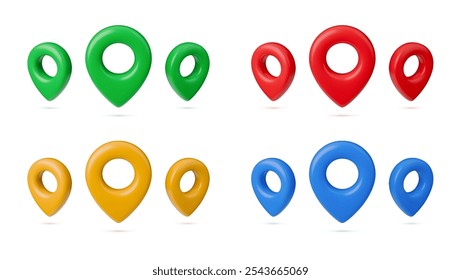 Set of location marks in different color. Realistic vector illustration of navigation sign. Position element or geotag isolated on white background