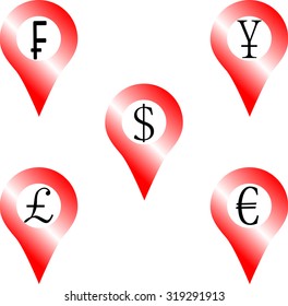 Set of location money symbol. Navigation euro pound yen frank dollar. Vector graphic illustration
