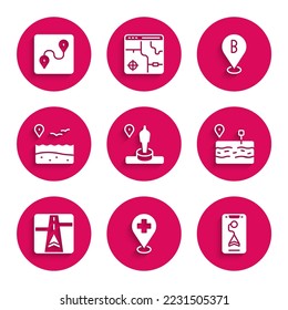 Set Location and monument, Medical location with cross, City map navigation, Broken road, Gps device, beach,  and Route icon. Vector