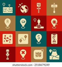 Set Location with mountain, City map navigation, Search location, Road traffic sign, coffee cup, Broken road and and monument icon. Vector