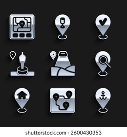 Set Location with mountain, Route location, anchor, Search, house, and monument, check mark and Gps device map icon. Vector