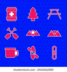 Conjunto de montañas de Locación, Kayak o canoa, Cuerda de escalador, Montañas, Taza de metal de camping, Paddle, Mesa de picnic con bancos y kit de primeros auxilios icono. Vector