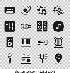 Set Location musical note, Ancient Greek lyre, Music tone, Xylophone, Sound mixer controller, Retro audio cassette tape and Stereo speaker icon. Vector