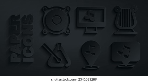Set Location musical note, Ancient Greek lyre, Triangle instrument, Music tone, Computer with and Stereo speaker icon. Vector
