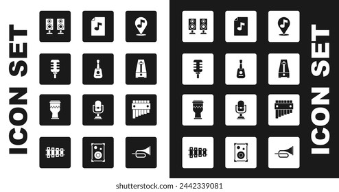 Set Location musical note, Guitar, Microphone, Stereo speaker, Metronome with pendulum, Music book, Pan flute and Drum icon. Vector