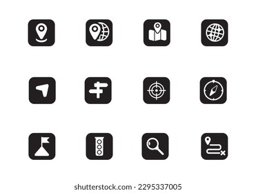 Set of location and navigation icons in rounded rectangle shape with black and white color 