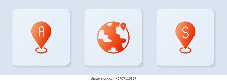 Set Location on the globe,  and Cash location. White square button. Vector
