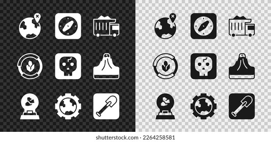 Set Location on the globe, Compass, Mining dump truck, Exhibition with minerals, rocks, Gear wheels and earth, Shovel, Soil analysis and Archeology icon. Vector