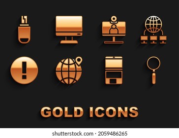 Setzen Sie Platz auf der Welt, Computer-Netzwerk, Magnifying Glas, Laptop, Informationen, Video-Chat-Konferenz, USB-Flash-Laufwerk und Bildschirm-Symbol. Vektorgrafik