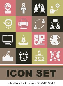 Set Location on the globe, Earth, Two sitting men talking, Growth chart and progress, Printer, Target with arrow, Worker location and Human resources icon. Vector