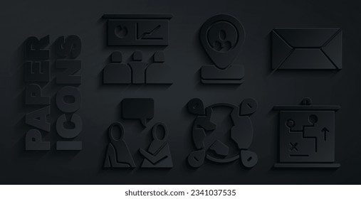 Set Location on the globe, Envelope, Two sitting men talking, Planning strategy concept, Worker location and Training, presentation icon. Vector