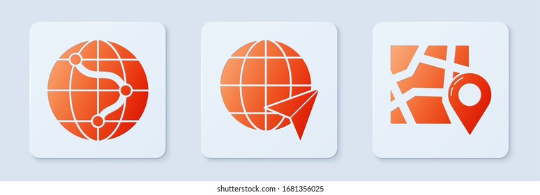Set Location on the globe, Location on the globe and Folded map with location marker. White square button. Vector
