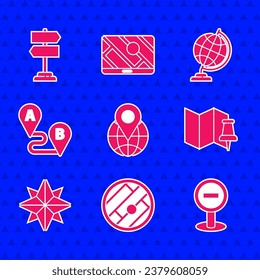 Set Location on the globe, Folded map with location, Stop sign, push pin, Wind rose, Route, Earth and Road traffic icon. Vector