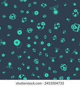 Set Location on the globe, Folded map with location marker, Map human and Monitor on seamless pattern. Vector