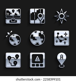 Set Location on the globe, Gps device error, Great Bear constellation, Route location, Satellites orbiting planet, Wind rose and Monitor with marker icon. Vector