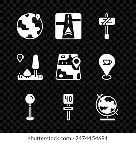 Set Location on the globe, Gps device with map, Road traffic sign, Push pin, Earth, City navigation and  icon. Vector