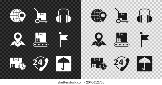 Set Location on the globe, Hand truck and boxes, Headphones, Cardboard fast time, Telephone 24 hours support, Umbrella, Placeholder map paper and Conveyor belt with cardboard icon. Vector