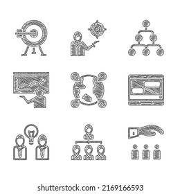 Legen Sie Platz auf der globalen Tabelle, Hierarchy Organogramm Diagramm, Boss mit Mitarbeiter, Chat-Nachrichten Laptop, People-Lampe, Training, Präsentation und Ziel-Pfeil-Symbol. Vektorgrafik