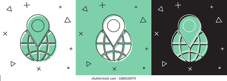 Setzen Sie Ort auf dem Globus Symbol einzeln auf weißem und grünem, schwarzem Hintergrund. Welt- oder Erdzeichen. Vektorillustration-Illustration