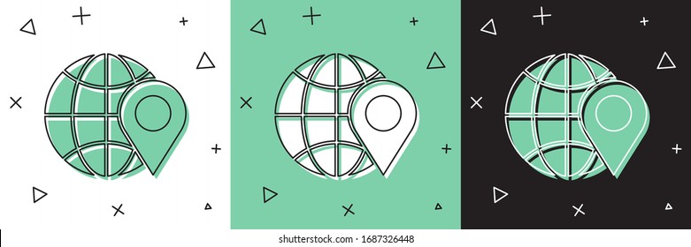 Establecer ubicación en el icono del globo aislado en fondo blanco y verde y negro. Signo mundial o terrestre. Ilustración vectorial