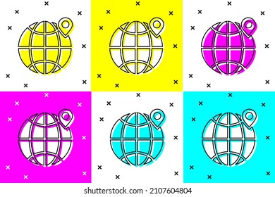 Set Location on the globe icon isolated on color background. World or Earth sign.  Vector Illustration