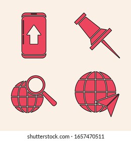 Set Location on the globe, Infographic of city map navigation, Push pin and Magnifying glass with globe icon. Vector