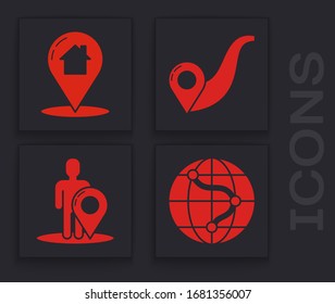 Set Location on the globe, Map pointer with house, Route location and Map marker with a silhouette of a person icon. Vector