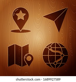 Set Location on the globe, Map pointer with star, Folded map with location marker and Paper airplane on wooden background. Vector