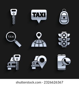 Set Location on the globe, Map pointer with taxi, Taxi call telephone service, Traffic light, Car rental, Magnifying glass and car, key remote and  icon. Vector