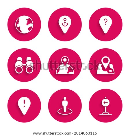 Set Location on the globe, with person, Traffic sign turn left, Folded map location marker, exclamation, Binoculars, Unknown route point and Earth icon. Vector