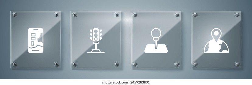 Set Location on the globe, Push pin, Traffic light and City map navigation. Square glass panels. Vector - Powered by Shutterstock - Get 15% off with code: PIKWIZARD15