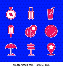 Set Location On The Globe, Road Traffic Signpost, Map Pointer With Star, Beach Ball, Sun Protective Umbrella For Beach, Ice Cream, Cocktail And Alcohol Drink And Compass Icon. Vector