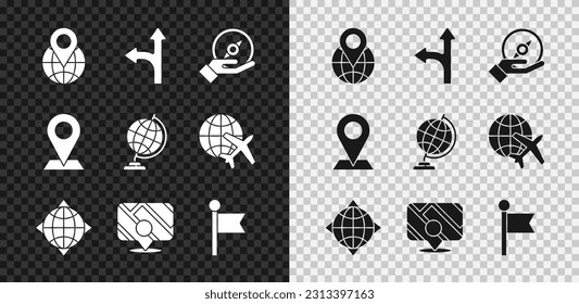 Setzen Sie Ort auf der Welt, Straßenverkehrszeichen, Kompass, Welt mit Kompass, Infografik der Stadtplan Navigation, Marker und Erde Symbol. Vektorgrafik