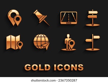 Establecer ubicación en el globo, señal de tráfico, Marcador de mapa con silueta de persona, Localización de mapa doblado, Navegación de ciudad infográfica, pin e icono de inserción. Vector