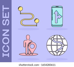 Set Location on the globe, Route location, Map marker with a silhouette of a person and Infographic of city map navigation icon. Vector