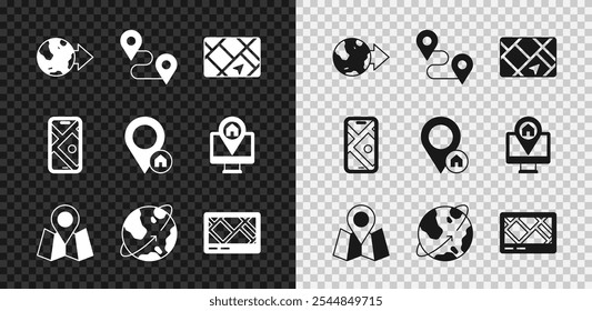 Set Location on the globe, Route location, Gps device with map, Folded marker, Satellites orbiting Earth, City navigation and house icon. Vector