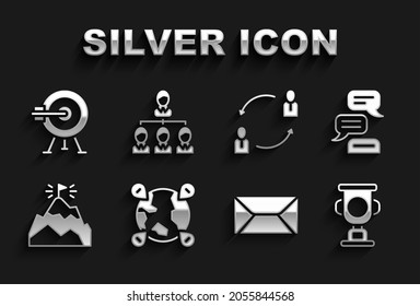 Set Location on the globe, Speech bubble chat, Award cup, Envelope, Mountains with flag, Human resources, Target arrow and Hierarchy organogram chart icon. Vector